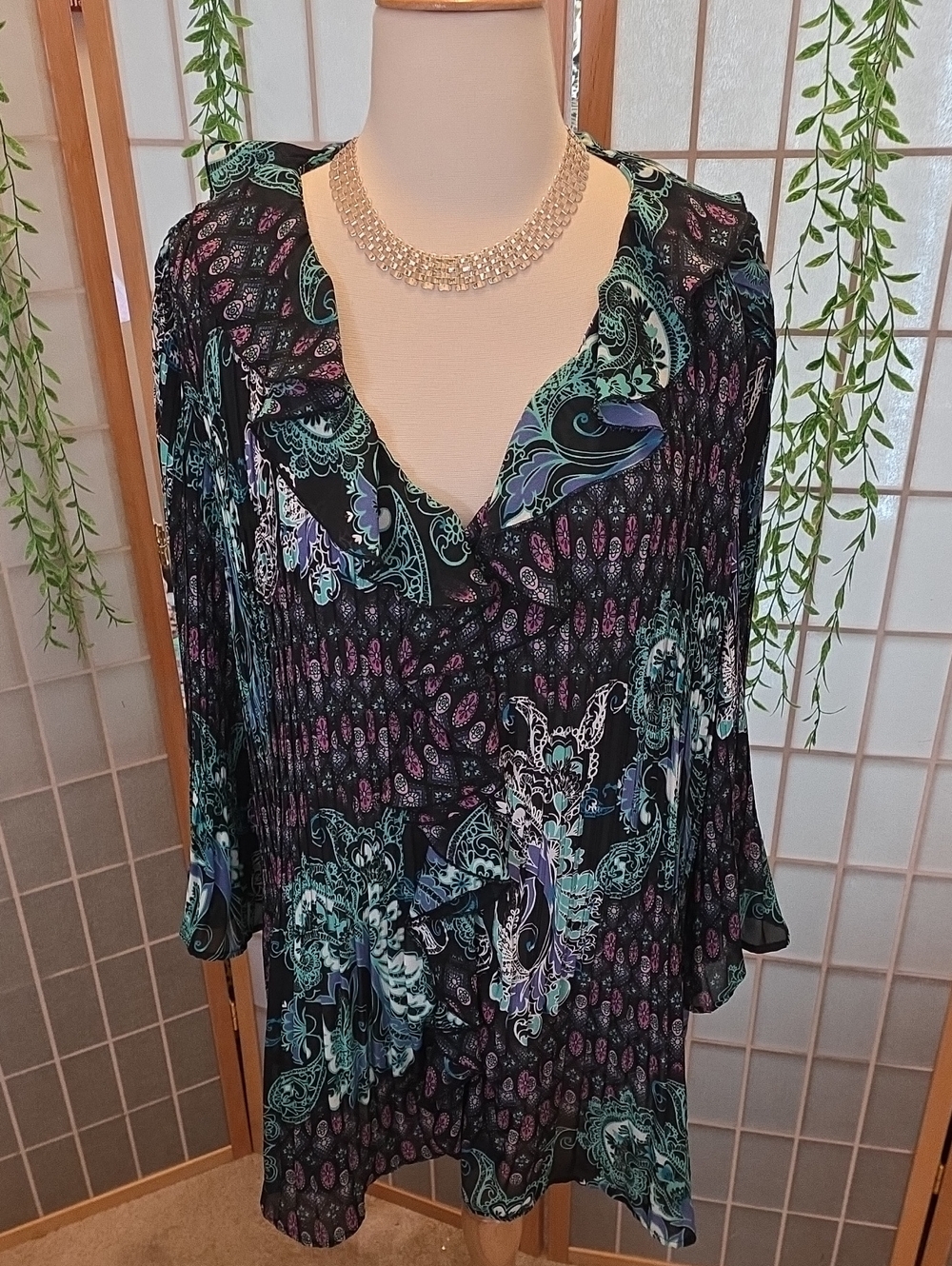 Roaman's Black Paisley V-Neck Tunic - Teal & Purple Accents